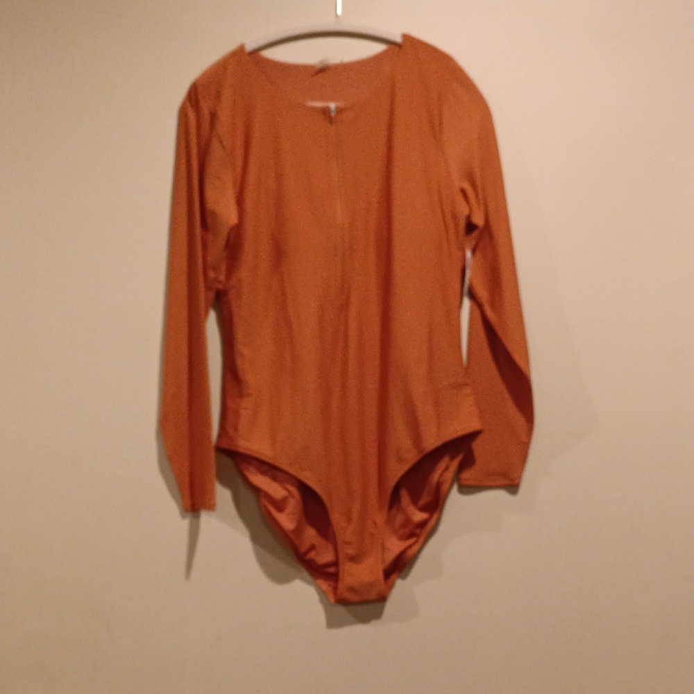 Long-Sleeve Kids One-Piece Swimsuit in Rust Orange